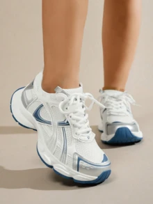 女士春秋新款休闲厚底运动鞋，网面透气厚底坡跟休闲鞋，轻便百搭时尚系带白色/灰色休闲运动鞋，适合所有季节 - 藍色 - 查看 2