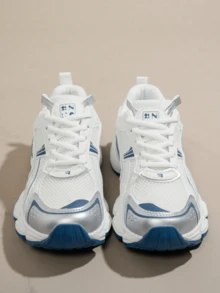 女士春秋新款休闲厚底运动鞋，网面透气厚底坡跟休闲鞋，轻便百搭时尚系带白色/灰色休闲运动鞋，适合所有季节 - 藍色 - 查看 3