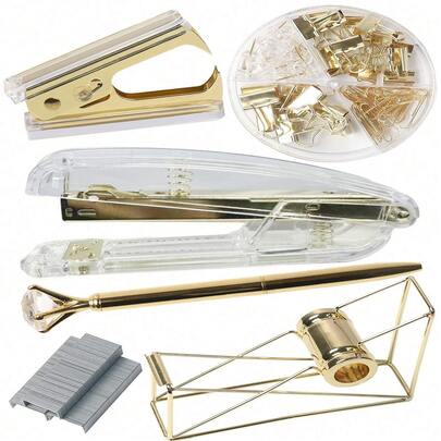 6 PIEZAS Juego de accesorios de oficina en color dorado que incluye 1 grapadora, 1 sacagrapas, 1 bolígrafo con strass, 1 dispensador de cinta, 1 caja de grapas, 1 herramienta de encuadernación creativa, de estilo sencillo y multiusos, perfecto para la oficina y el uso de estudiantes para volver a la escuela