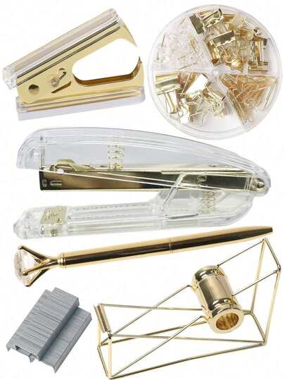 6PCS Gold-Color Binding Set Including 1pc Stapler, 1pc Staple Remover, 1pc Rhinestone Ballpoint Pen, 1pc Tape Dispenser, 1box Staples, 1pc Creative Stationery Easy Binding Tool Set, Multi-Purpose And Simple Style, Perfect For Office And Students' Use Back To School