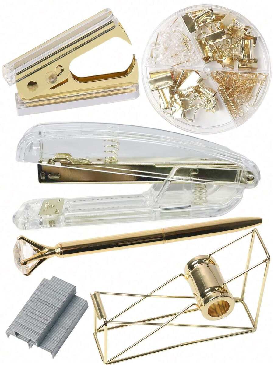 6 PIEZAS Juego de accesorios de oficina en color dorado que incluye 1 grapadora, 1 sacagrapas, 1 bolígrafo con strass, 1 dispensador de cinta, 1 caja de grapas, 1 herramienta de encuadernación creativa, de estilo sencillo y multiusos, perfecto para la oficina y el uso de estudiantes para volver a la escuela - Dorado - Ver 1