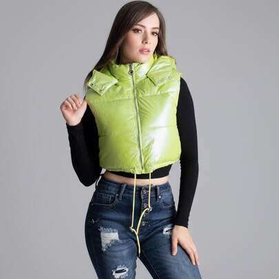 Chaleco Corto Mujer Satinado Gorro Cintura Ajustable