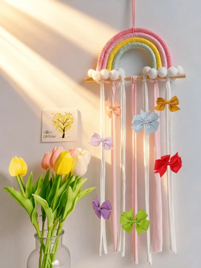 1个大容量柔软毛毡粉色彩虹蝴蝶结收纳架，波西米亚风壁挂式发饰收纳整理架，发饰展示架，适用于女孩房、卧室、客厅家居装饰墙面装饰礼品
