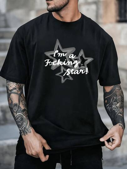 Camiseta de manga corta para hombre con estampados de estrellas y letras.