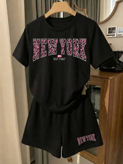 2 piezas Conjunto playera o camiseta y short con resorte de mujer estampado new york ny leopardo cheetah rosa primavera verano cómodo excelente calidad