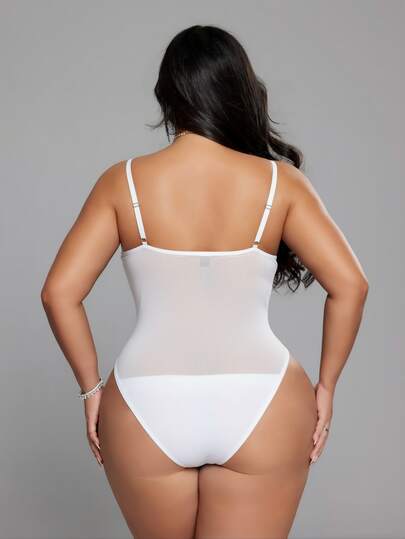 NU&NOW Plus Size Women's Spring/Summer New High Stretch Skin-Friendly Fabric Lace Patchwork V-Neck Bodysuit, Sheer Mesh Decor Waist-Cinching Slim-Fit White Blouse. Suitable For Fashionable Casual Gatherings, Romantic Dates, Valentine's Day Parties, Travel Outings, Music Festivals, Romantic Dates And Eye-Catching Outfits: Sweet And Spicy Plus Size Sexy Style