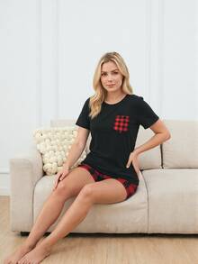 Set de pijama de 2 piezas con pantalón largo a cuadros: Pantalones de pijama a cuadros - Rojo - Ver 3