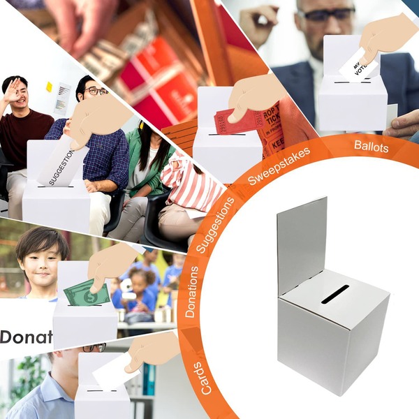 Bộ 3 hộp bỏ phiếu bằng bìa cứng trắng bóng, kích thước 6x6x6 inch, hộp bày tỏ ý kiến theo chủ đề tự làm, có nhãn dán phía trên có thể tháo rời, thích hợp cho gây quỹ, các cuộc thi bình chọn, sự kiện tiệc tùng, hộp bỏ phiếu tại cổng vào lễ hội.