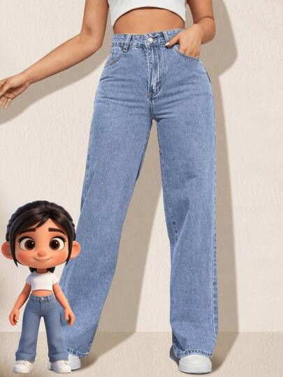 Jeans casuales de pierna recta y ajuste holgado para mujer con bolsillos, jeans rectos de moda, pantalones vaqueros holgados de mezclilla lavada, estilo vintage y casual, pierna ancha y talle alto para uso diario, cómodos, elásticos y aptos para todas las estaciones