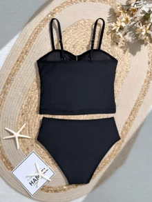 Tween Girl Vacation Beach Camisole Tankini Set - Black - View 8