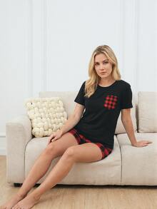 Set de pijama de 2 piezas con pantalón largo a cuadros: Pantalones de pijama a cuadros - Rojo - Ver 2