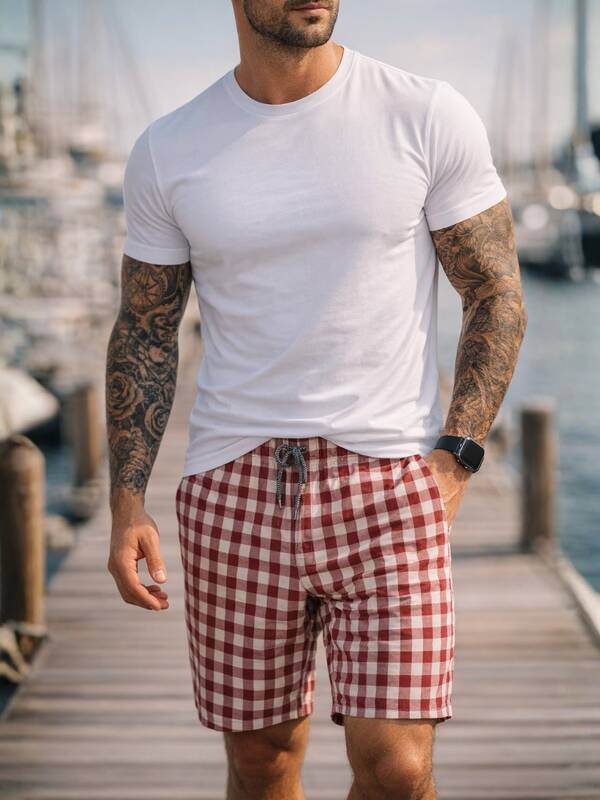Bermuda Resort de Cuadros tipo gingham Premium - Cintura Elástica con Cordón y 4 Bolsillos Funcionales - Estilo Casual de Playa y Verano Transpirable