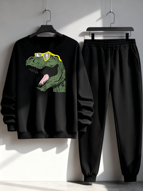 KID009|2 piezas Chaquetas y pantalones para niños|¡Nuevo Lanzamiento! Conjunto de Dinosaurio con Gafas para Niños |Confort + Diversión: Conjunto Negro que Se Convertirá en su Favorito
