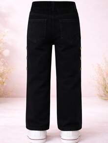 Jeans niña  denim cómodo con botones laterales ajuste en cintura estilo casual moderno temporada primavera verano otoño - Negro - Ver 2