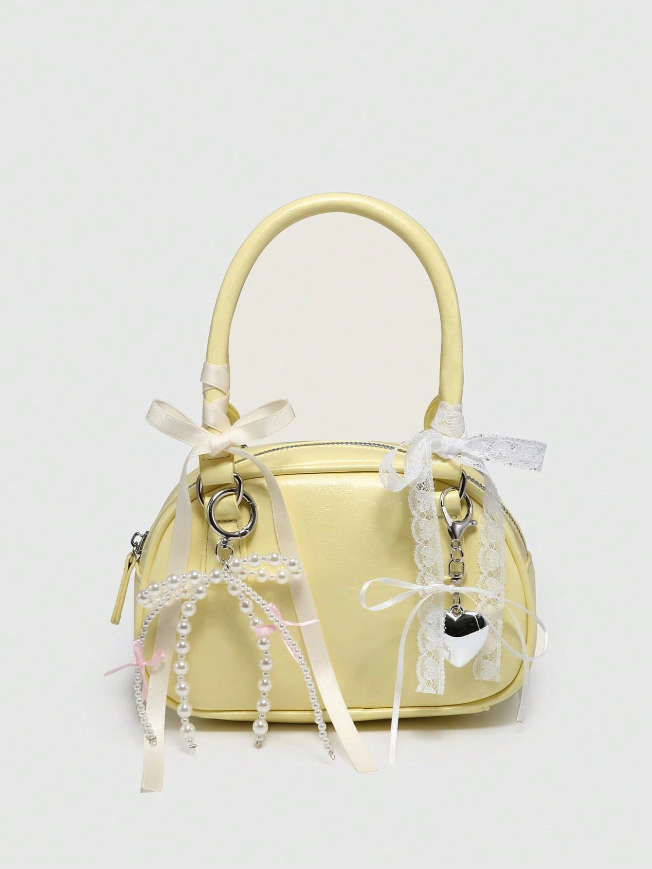 Kawaii Bolso de mano mini con decoración de lazo y perlas falsas de estilo ballet con diseño de cereza, lazo