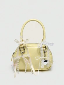 ROMWE Kawaii Túi xách mini kiểu ballet dễ thương dành cho nữ, đính nơ ngọc trai giả hình quả anh đào. - Màu vàng nhạt - Xem 1