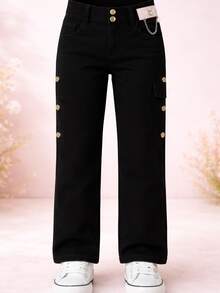 Jeans niña  denim cómodo con botones laterales ajuste en cintura estilo casual moderno temporada primavera verano otoño - Negro - Ver 1