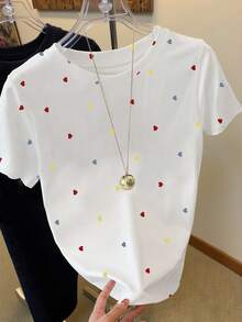 Resyla 两件套，甜美可爱的红白心形圆点印花和彩色爱心印花女式修身T恤，适合夏季，时尚T恤，漂亮T恤，送给兄弟姐妹的礼物，送给姐妹的礼物，送给妈妈的礼物，母亲节礼物，休闲时尚上衣。 - 紅色 - 查看 5