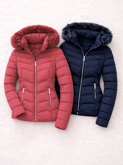 Set 2 piezas chamarra  muje racolchada  premium térmica con gorro afelpado diseño moderno ajuste entallado cierre frontal temporada invierno