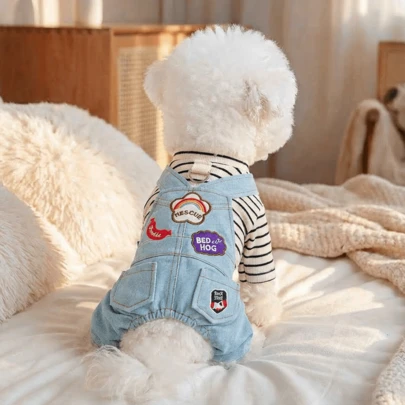 PETSIN 1件宠物衣服，复古拼接蓝色四脚裤，时尚休闲条纹长袖连体衣，猫狗通用吊带裤