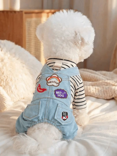 PETSIN 1pc Pet Clothes, Vintage Patchwork Pet Blue Four-Legged Pants, Fashionable Casual Striped Long-Sleeved One-Piece Clothes For Cats And Dogs, Universal Sling Pants