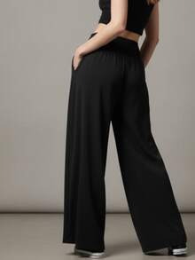 Pantalón mujer pierna ancha ligeros para dama pretina con elástico con botones decorativos, corte amplio y fluido, tela suave y ligera, ideal outfits casuales para diario el trabajo o vacaciones - Negro - Ver 3