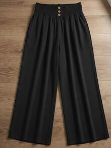 Pantalón mujer pierna ancha ligeros para dama pretina con elástico con botones decorativos, corte amplio y fluido, tela suave y ligera, ideal outfits casuales para diario el trabajo o vacaciones - Negro - Ver 4