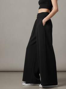 Pantalón mujer pierna ancha ligeros para dama pretina con elástico con botones decorativos, corte amplio y fluido, tela suave y ligera, ideal outfits casuales para diario el trabajo o vacaciones - Negro - Ver 2