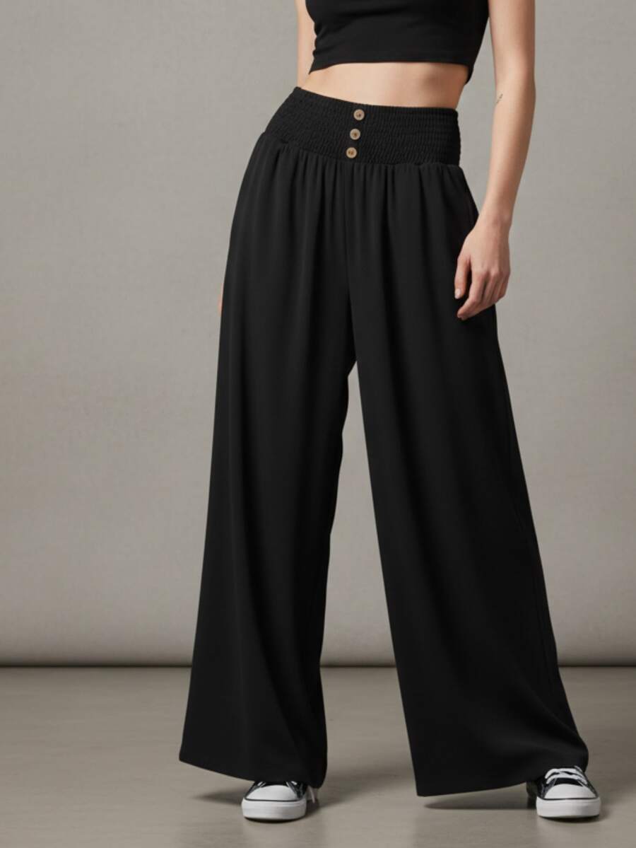 Pantalón mujer pierna ancha ligeros para dama pretina con elástico con botones decorativos, corte amplio y fluido, tela suave y ligera, ideal outfits casuales para diario el trabajo o vacaciones - Negro - Ver 1