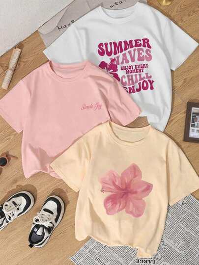 Camiseta de mujer de manga corta con cuello redondo, holgada, casual y versátil. Con estampado moderno, elegante y sofisticado de letras simples, ideal como prenda básica; confeccionada en tela suave con excelente caída