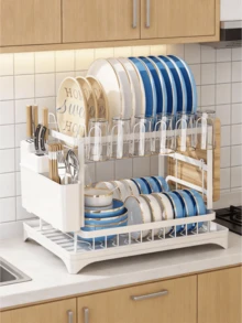 2-Tier Dish Drying Rack With Draining Board, Kitchen Utensil Organizer Rack For Cutlery, Knives And Cutting Boards, Suitable For Apartment Kitchen - White - View 4