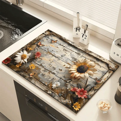 1pc, Wood Grain Floral Butterfly Pattern Bowl Drying Mat, Soft Diatomaceous Earth Drainage Mat, Non-Slip Absorbent Wear-Resistant Coffee Machine Mat, Pet Mat, Drainage Mat, Washing Machine Lid Mat, Dust Cover, Placemat, Table Decoration, Household Kitchen Supplies