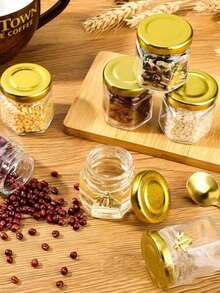 1.5oz Mini Tarro de Miel Hexagonal - Tapa Dorada, con Encanto de Abeja y Cuchara de Miel de Madera, Apto para Lavavajillas, Fácil de Limpiar - Dorado - Ver 4