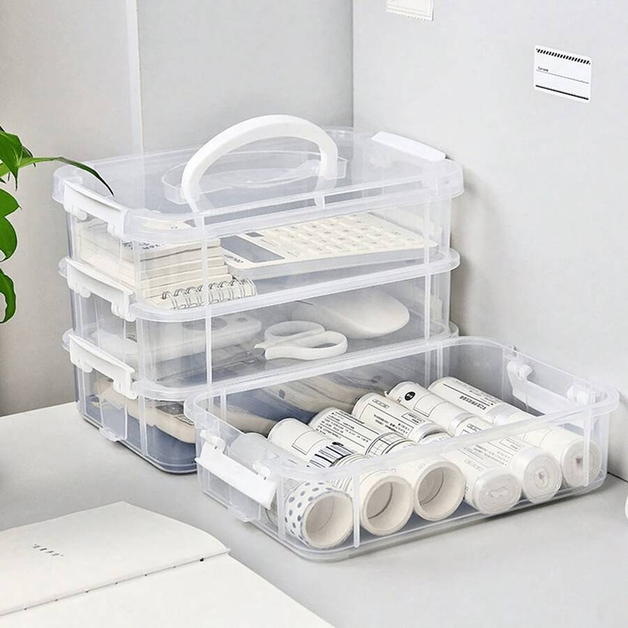 4-Layer Extra Large Capacity Multi-Function Storage Box With Handle, Toy/Building Block Organizer, Stationery/Notebook/Marker Pen Storage Box, Transparent Plastic Material For Easy Viewing - Clear - View 1