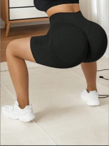 Short deportivo de unicolor, de cintura alta, sin costuras y elástico para hacer ejercicio - Negro - Ver 2