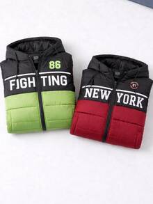 Set2 piezas Chaleco niño acolchado con gorro diseño urbano letras frontales ajuste cómodo cierre frontal uso diario temporada primavera verano otoño e invierno - Multicolor - Ver 3