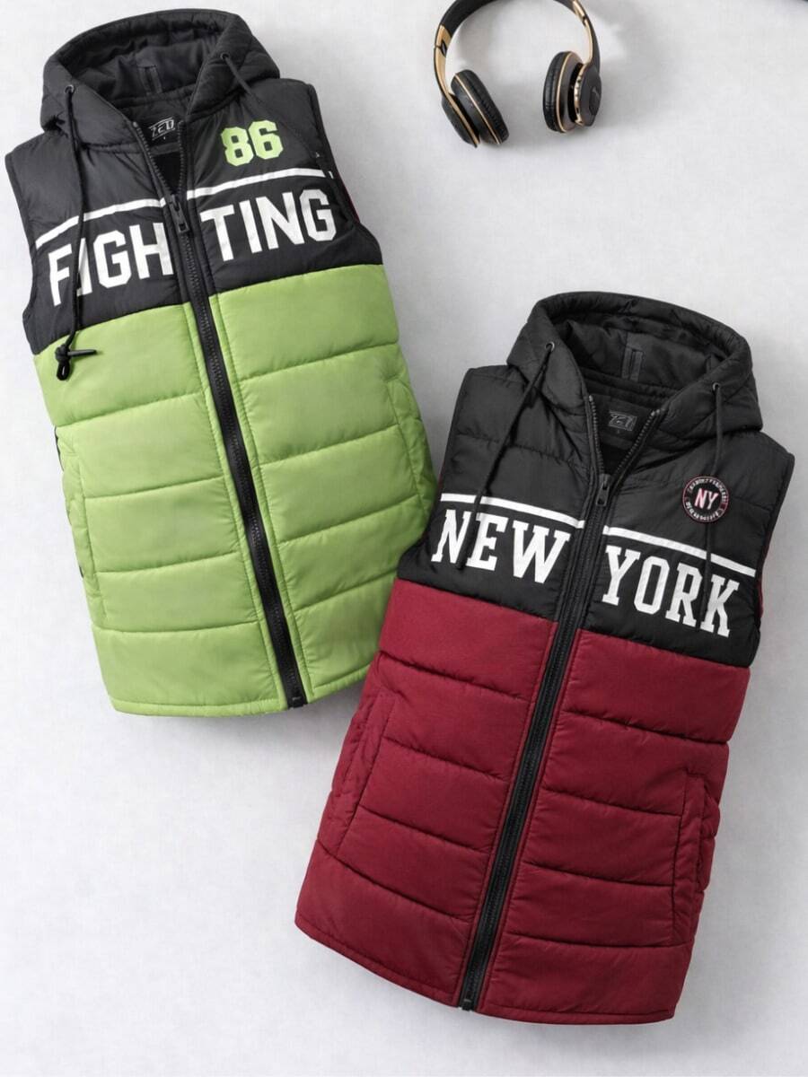 Set2 piezas Chaleco niño acolchado con gorro diseño urbano letras frontales ajuste cómodo cierre frontal uso diario temporada primavera verano otoño e invierno - Multicolor - Ver 1