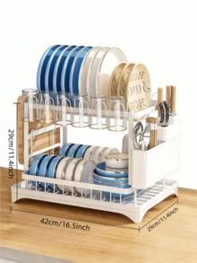 2-Tier Dish Drying Rack With Draining Board, Kitchen Utensil Organizer Rack For Cutlery, Knives And Cutting Boards, Suitable For Apartment Kitchen - White - View 2
