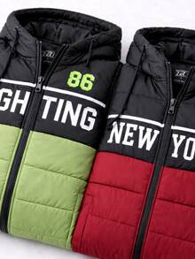 Set2 piezas Chaleco niño acolchado con gorro diseño urbano letras frontales ajuste cómodo cierre frontal uso diario temporada primavera verano otoño e invierno - Multicolor - Ver 4