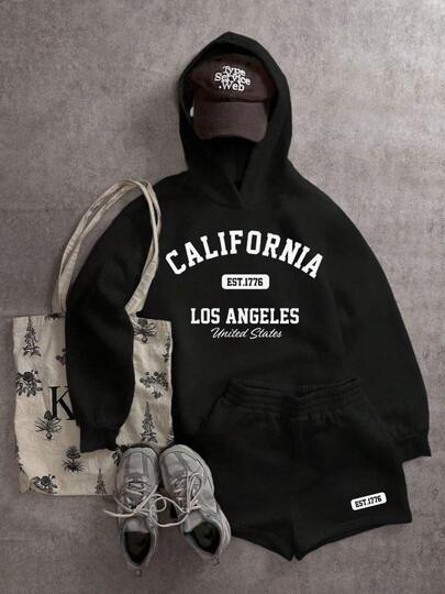 2 pc Conjunto sudadera y short mujer sudadera con capucha short resorte estampado California 1776 otoño invierno cómoda