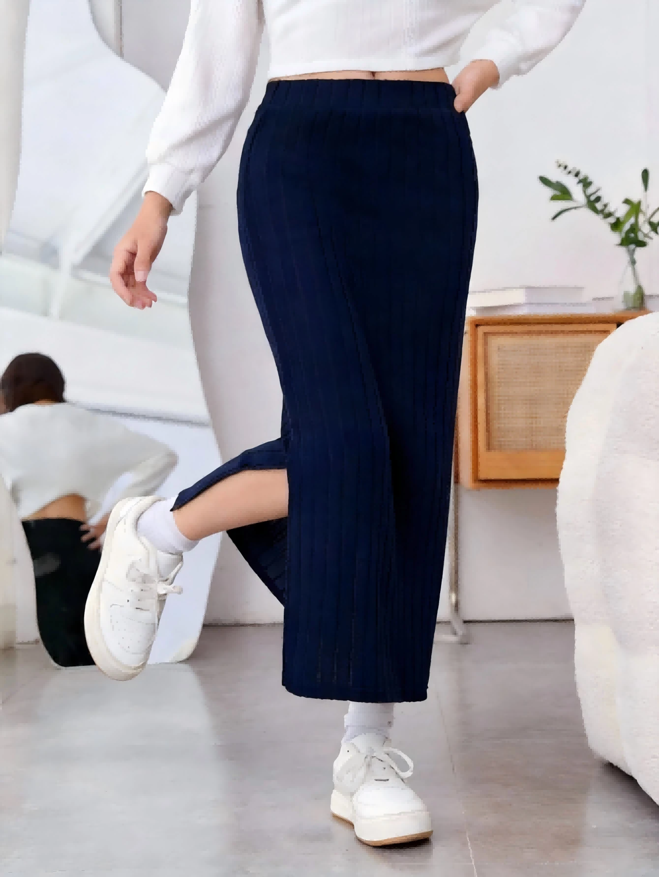 SHEIN Tween Girls' Casual Elegant Slit Skirt - Navy Blue - View 1