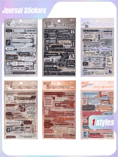 6pcs Cross-Border Exclusive Heart Words PET Sticker Pack | Waterproof Creative Vintage Letter Journal DIY Supplies