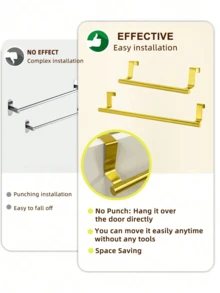 1 Kitchen Sink Towel Rack With Hooks On Cabinet Doors, No Drilling Required, Suitable For Kitchen Cabinets And Drawer Style Towel Racks, Gold Color. - Gold - View 6