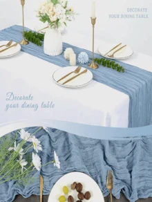 1pc 35 * 71/118/157 Inch Cheese Cloth Table Runner And Napkins, Bohemia Gauze Cheesecloth Tablecloth,Countryside Transparent Table Runner, Bohemian Style Table Runner Suitable For  Christmas For Holiday Gift Giving - Dusty Blue - View 9