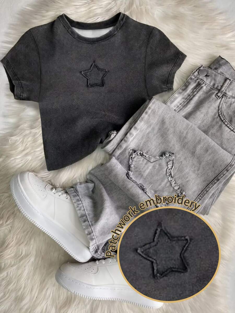Glimmora Áo thun tay ngắn thêu hình ngôi sao thời trang đường phố năng động dành cho nữ, mùa hè - Màu xám đen - Xem 1