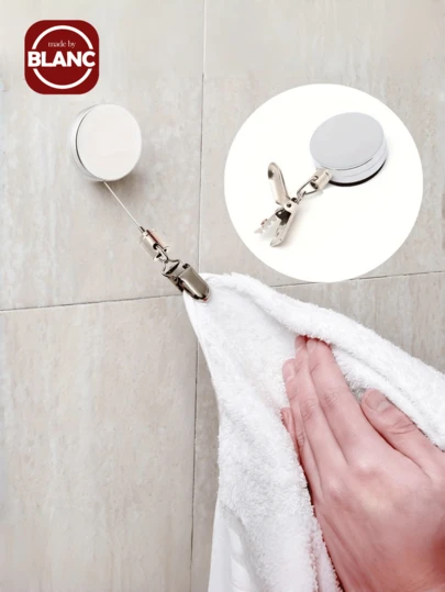 Madebyblanc All-Metal Rust-Proof Towel Clip Retractable Buckle, Drill-Free Flat Steel Wire Rope Sponge Adhesive Strong Stretch Buckle, Specialized Storage Hook For Bathroom/Kitchen/Toilet, Wall-Mounted Towel Fixing Clip For Home Use, Multi-Functional Retractable Hook For Commercial Use