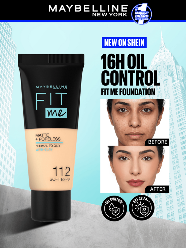 أساس ماتي وخالي من المسام Fit Me، لون بيج ناعم 112، حجم 1 أونصة/30 مل، مناسب للبشرة العادية إلى الدهنية، خالي من الزيوت، مكياج طويل الأمد، أساس مكياج، ماتي، 1 أونصة/30 مل - ماتي، أساس مكياج، طويل الأمد، خالي من الزيوت، قاعدة مكياج، العناية بالبشرة، مكياج صيفي