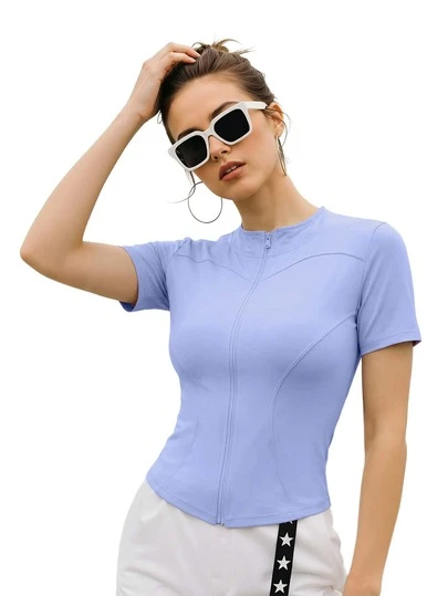 Camiseta deportiva ajustada con cierre frontal para mujer, ideal para yoga y fitness