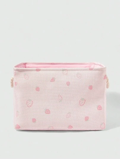 ROMWE Kawaii سلة غسيل كبيرة السعة محمولة ذات نمط الفراولة المربع الوردي، صندوق تخزين الملابس القذرة، رقم الصنف: 327188