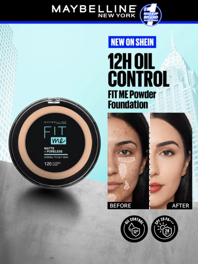 Maybelline بودرة ماتي + بورليس فيت مي، 120 آيفوري كلاسيكي، بودرة ماتي، تغطية كاملة، أساس المكياج، 0.42 أونصة/12 جرام - ماتي، بودرة، أساس المكياج، قاعدة المكياج، طويلة الأمد، العناية بالبشرة